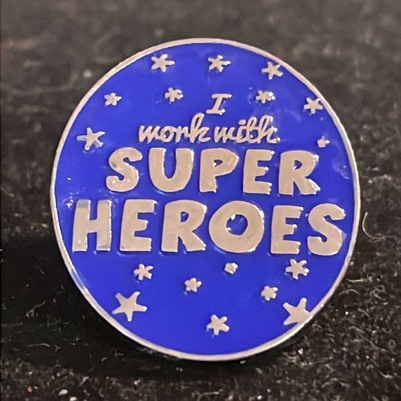 Vintage Saudville, Inc oval silver tone/blue enamel I work with super heroes pin - Picture 2 of 10